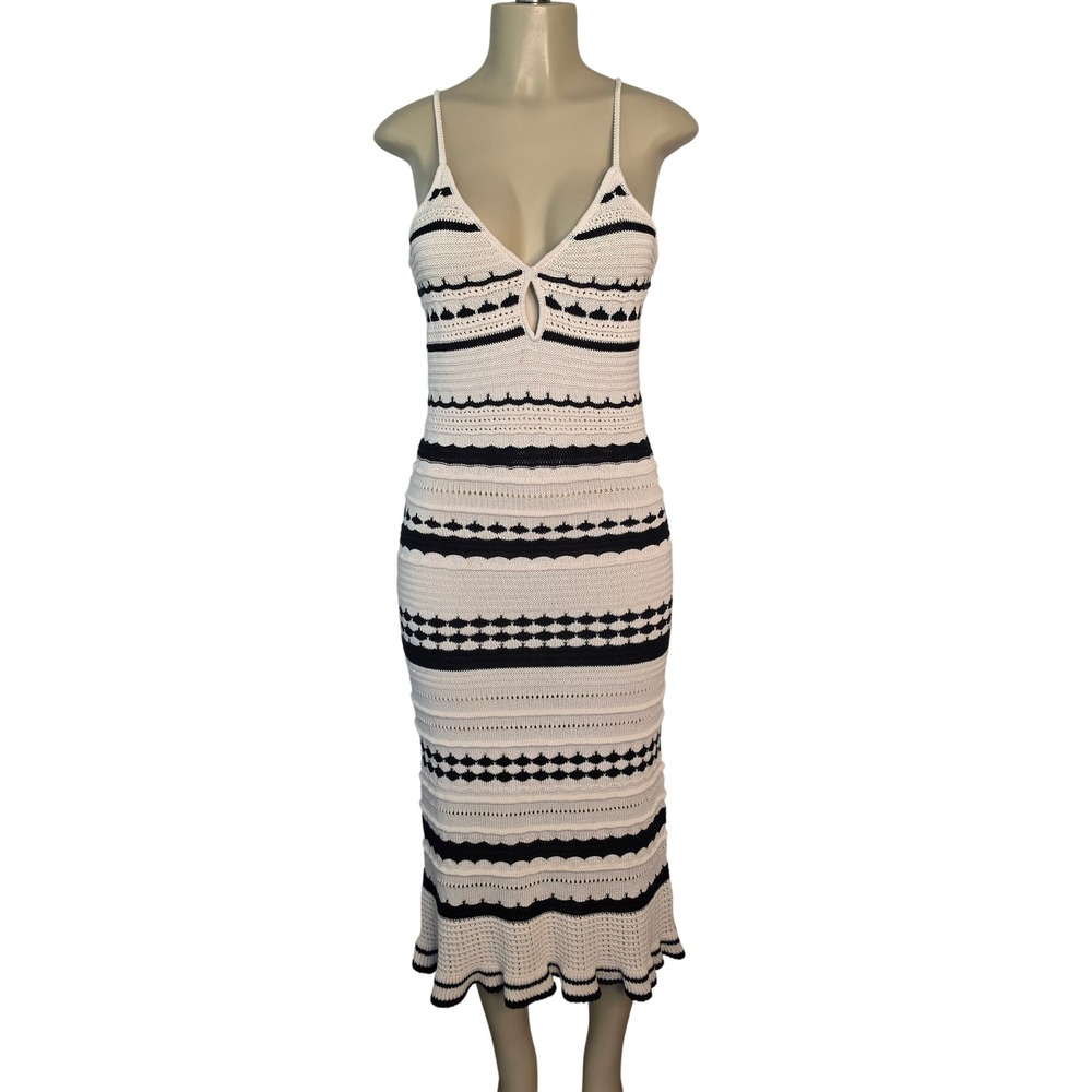 H&M Dress Womens L Cream Black Pointelle Knit Midi Bodycon Ruffle Hem Geometric